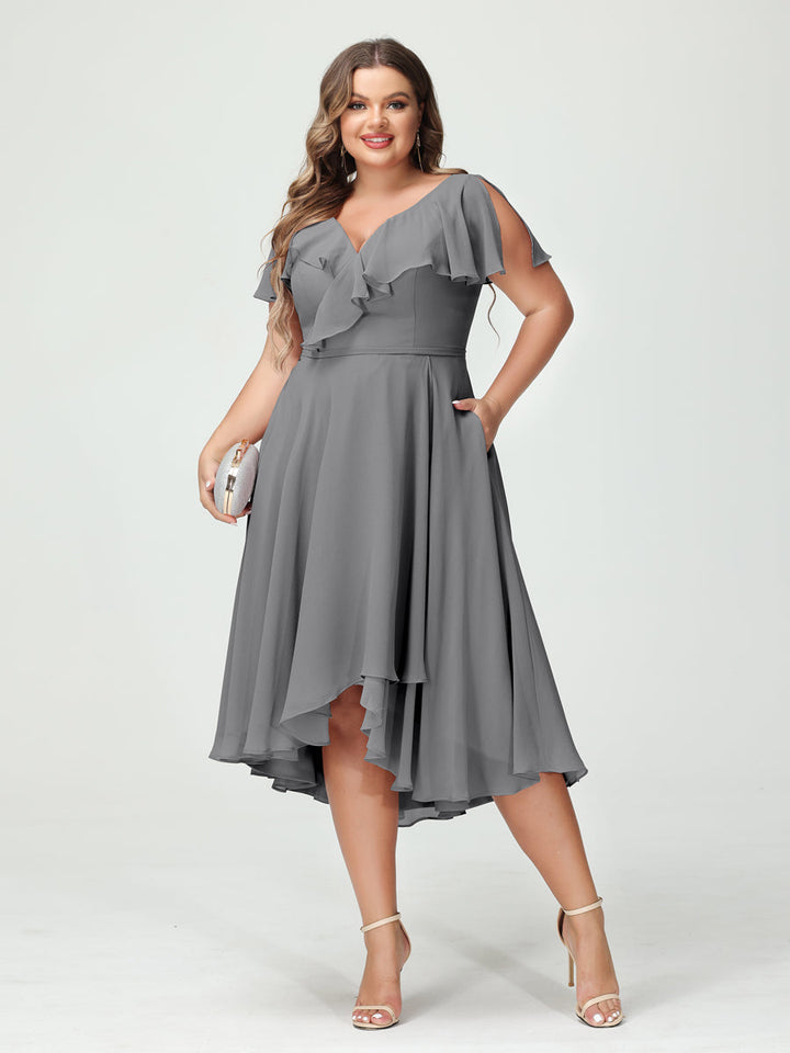 A-Line/Princess/Princess V-Neck Short Sleeves Chiffon High-Low Plus Size Bridesmaid Dresses with Pockets & Ruffles