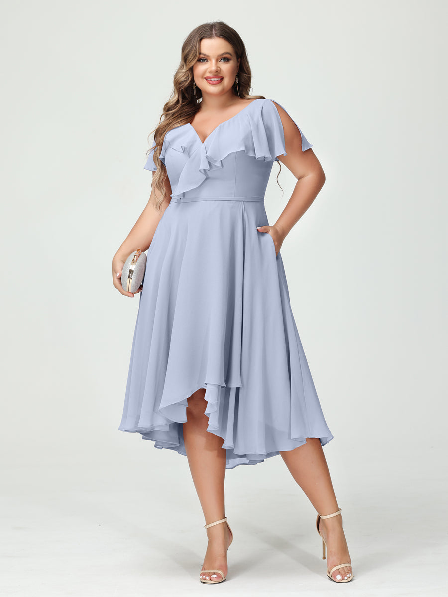 A-Line/Princess V-Neck Short Sleeves Chiffon High-Low Plus Size Bridesmaid Dresses with Pockets & Ruffles