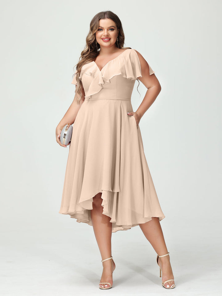 A-Line/Princess/Princess V-Neck Short Sleeves Chiffon High-Low Plus Size Bridesmaid Dresses with Pockets & Ruffles