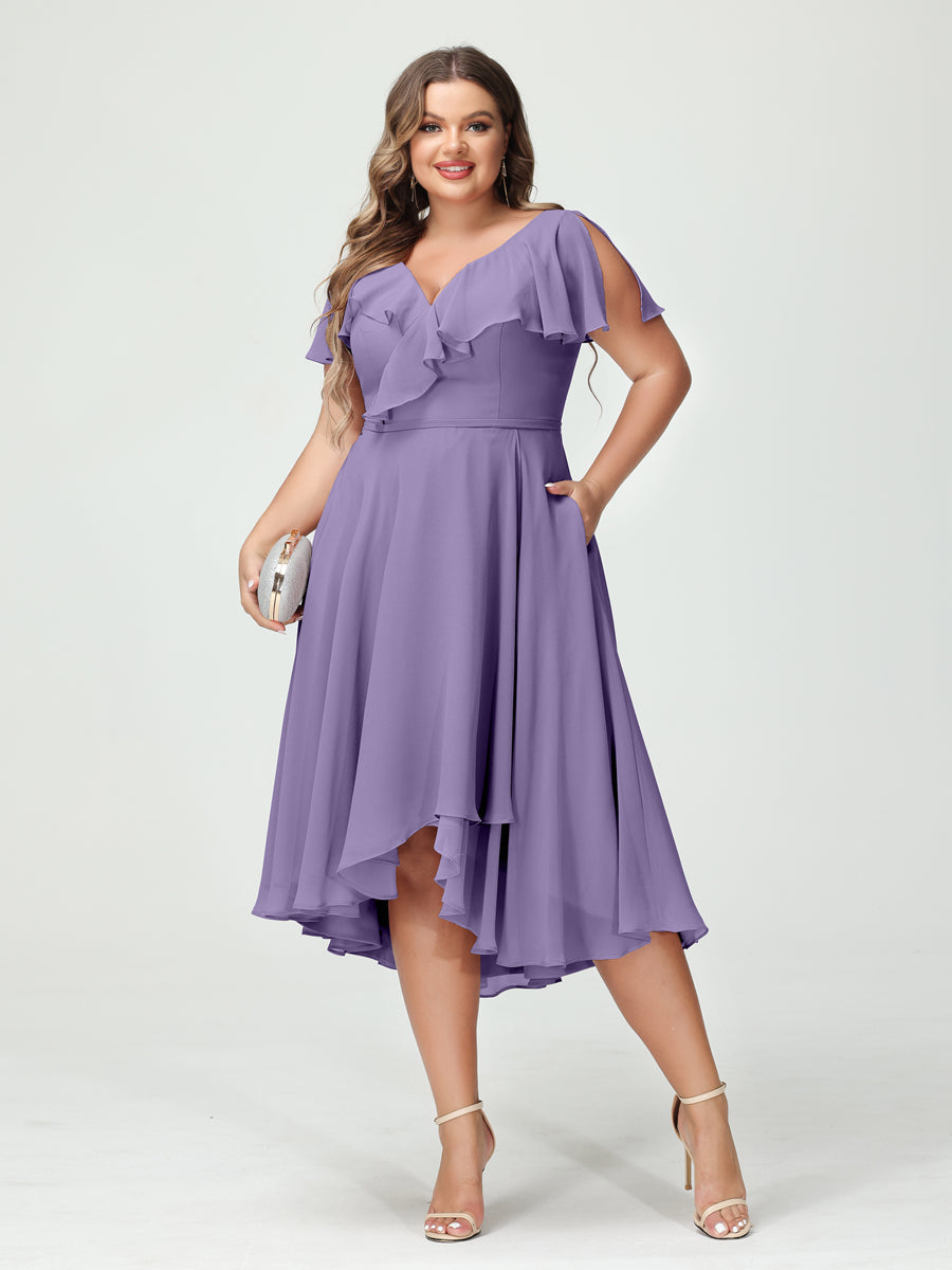 A-Line/Princess V-Neck Short Sleeves Chiffon High-Low Plus Size Bridesmaid Dresses with Pockets & Ruffles