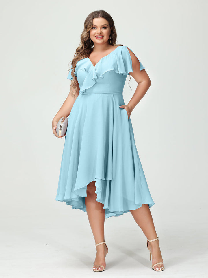 A-Line/Princess/Princess V-Neck Short Sleeves Chiffon High-Low Plus Size Bridesmaid Dresses with Pockets & Ruffles