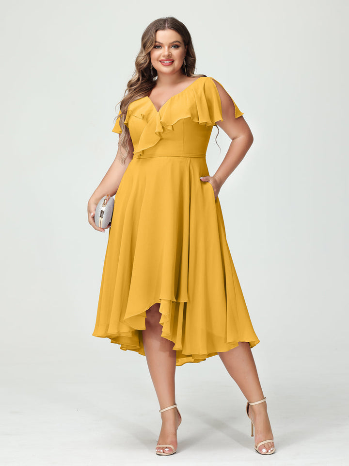 A-Line/Princess/Princess V-Neck Short Sleeves Chiffon High-Low Plus Size Bridesmaid Dresses with Pockets & Ruffles