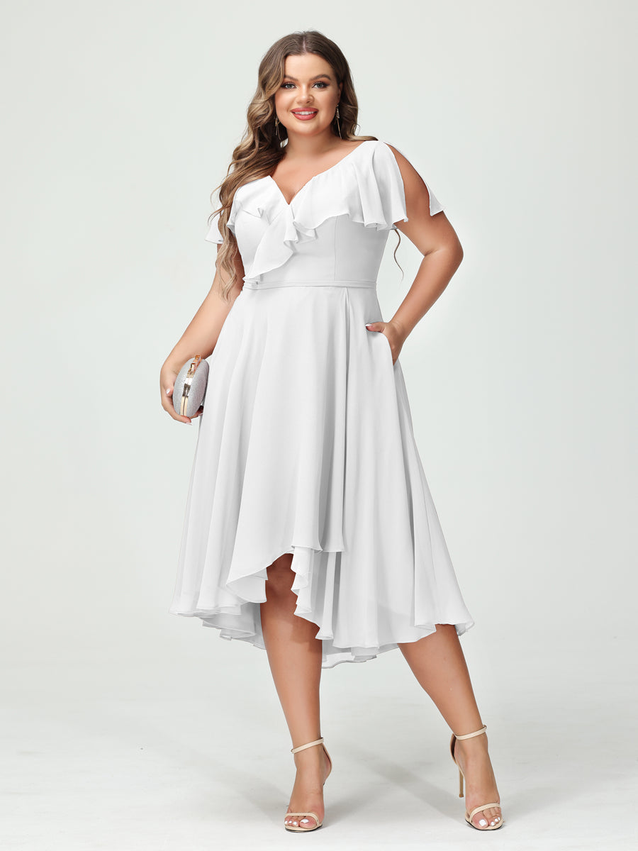 A-Line/Princess V-Neck Short Sleeves Chiffon High-Low Plus Size Bridesmaid Dresses with Pockets & Ruffles