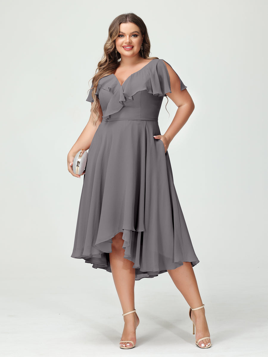 A-Line/Princess/Princess V-Neck Short Sleeves Chiffon High-Low Plus Size Bridesmaid Dresses with Pockets & Ruffles