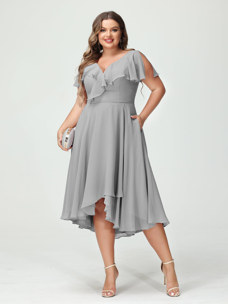 A-Line/Princess V-Neck Short Sleeves Chiffon High-Low Plus Size Bridesmaid Dresses with Pockets & Ruffles