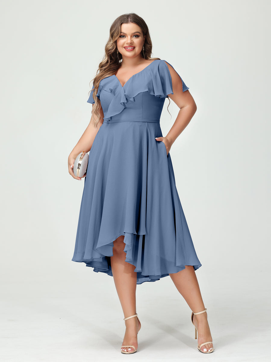 A-Line/Princess V-Neck Short Sleeves Chiffon High-Low Plus Size Bridesmaid Dresses with Pockets & Ruffles