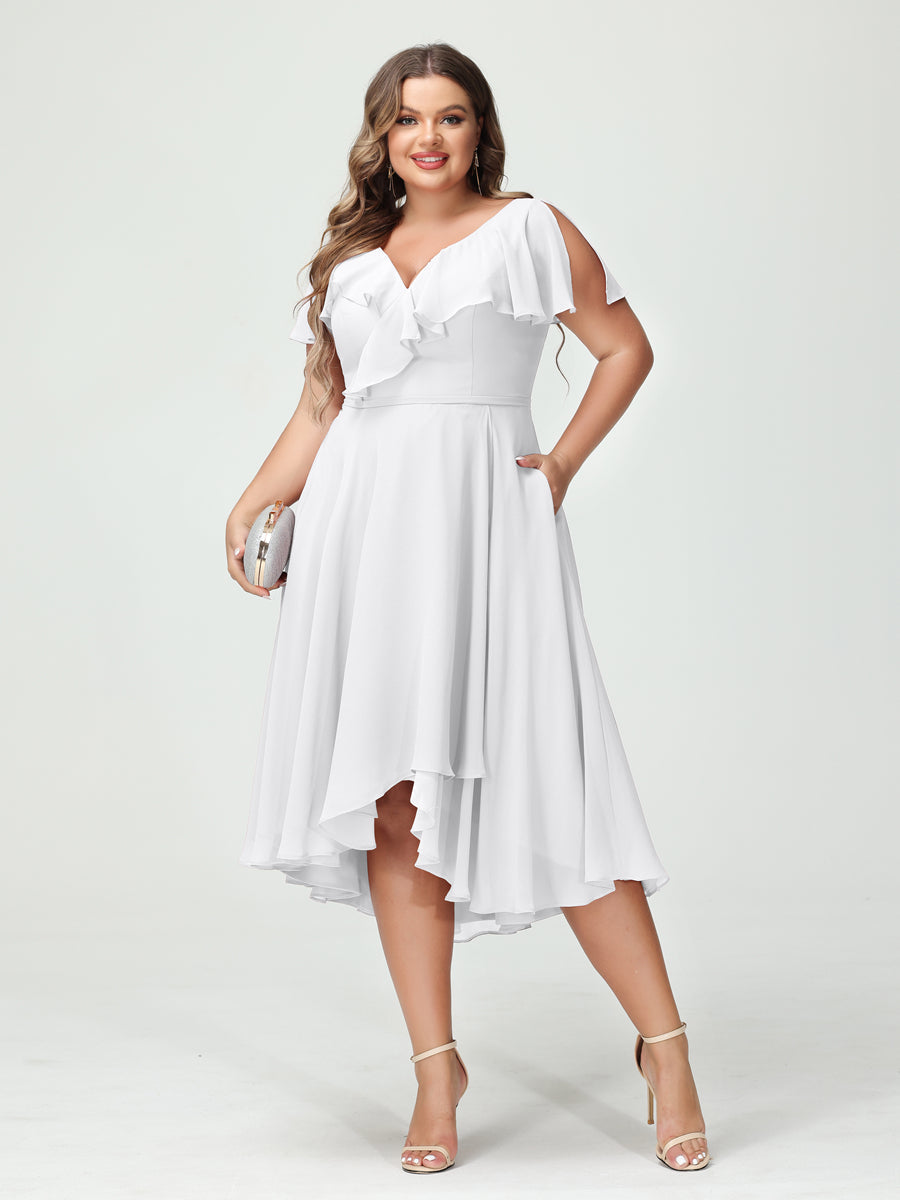 A-Line/Princess V-Neck Short Sleeves Chiffon High-Low Plus Size Bridesmaid Dresses with Pockets & Ruffles