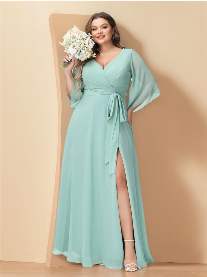 A-Line/Princess/Princess V-Neck Long Sleeves Chiffon Plus Size Bridesmaid Dresses With Pockets Belt & Split Side