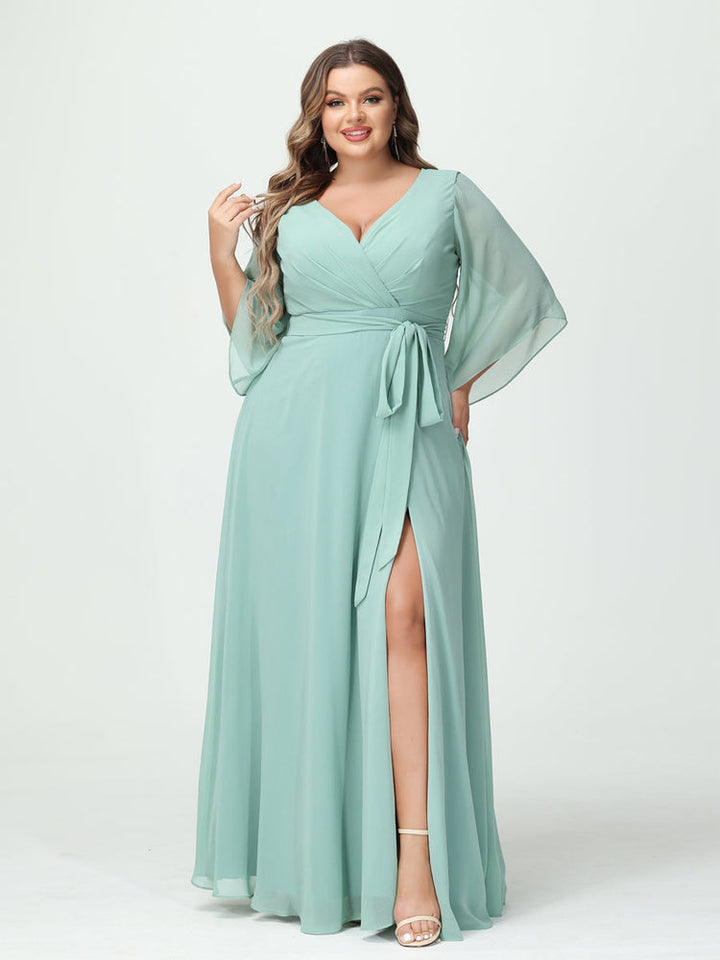 A-Line/Princess/Princess V-Neck Long Sleeves Chiffon Plus Size Bridesmaid Dresses With Pockets Belt & Split Side