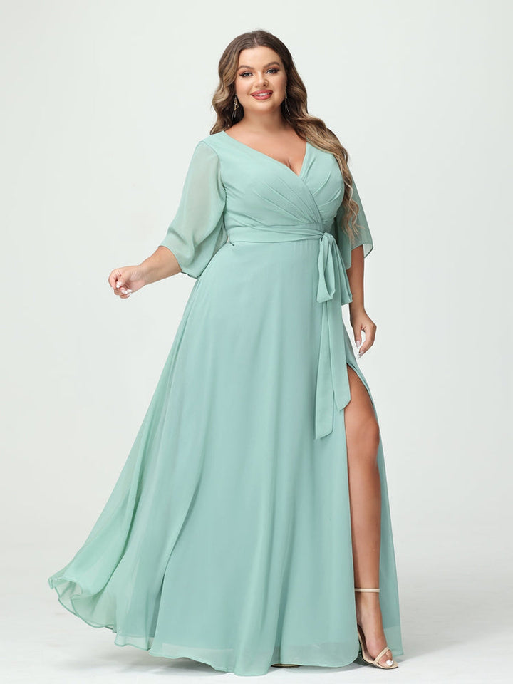 A-Line/Princess/Princess V-Neck Long Sleeves Chiffon Plus Size Bridesmaid Dresses With Pockets Belt & Split Side