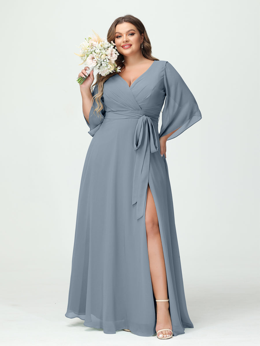 A-Line/Princess/Princess V-Neck Long Sleeves Chiffon Plus Size Bridesmaid Dresses With Pockets Belt & Split Side