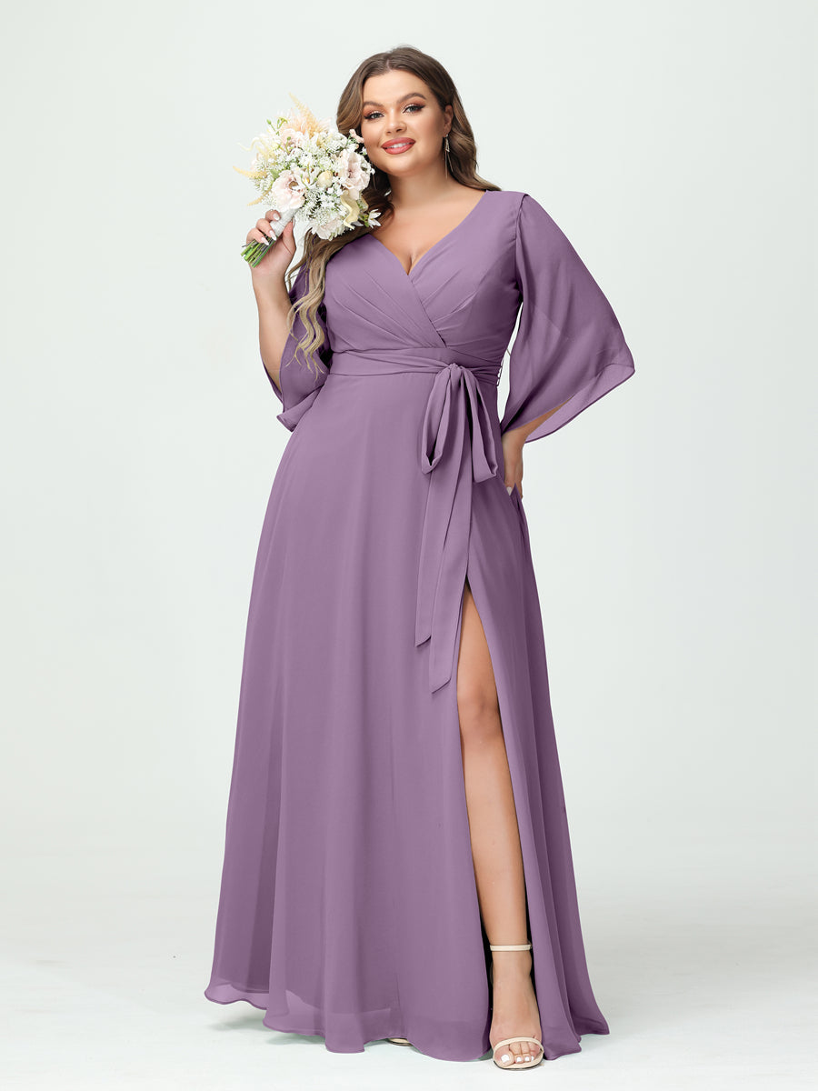 A-Line/Princess/Princess V-Neck Long Sleeves Chiffon Plus Size Bridesmaid Dresses With Pockets Belt & Split Side