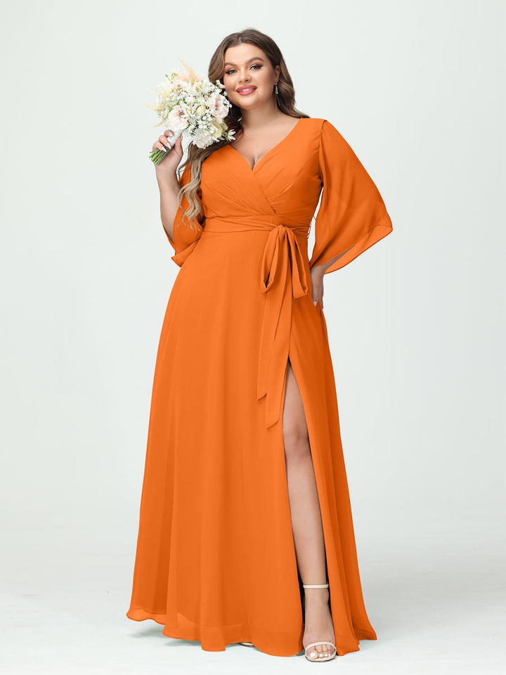 A-Line/Princess/Princess V-Neck Long Sleeves Chiffon Plus Size Bridesmaid Dresses With Pockets Belt & Split Side