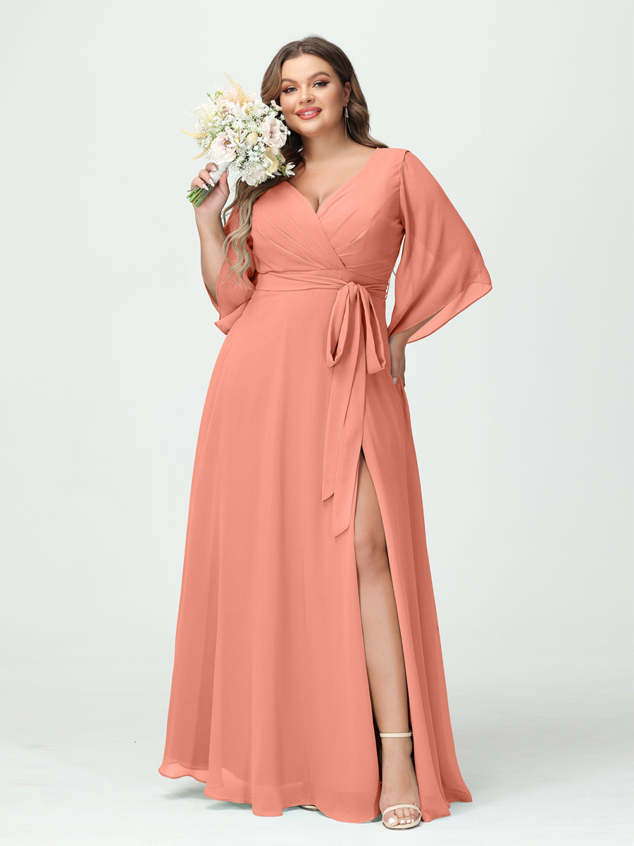 A-Line/Princess/Princess V-Neck Long Sleeves Chiffon Plus Size Bridesmaid Dresses With Pockets Belt & Split Side