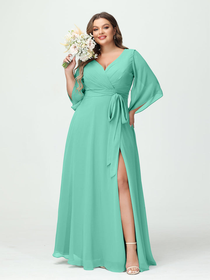 A-Line/Princess/Princess V-Neck Long Sleeves Chiffon Plus Size Bridesmaid Dresses With Pockets Belt & Split Side