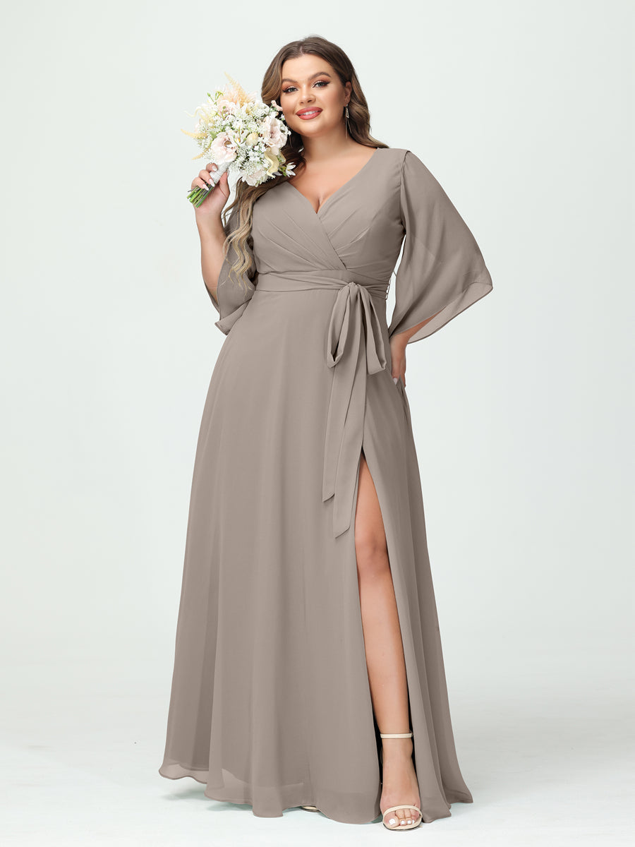 A-Line/Princess/Princess V-Neck Long Sleeves Chiffon Plus Size Bridesmaid Dresses With Pockets Belt & Split Side