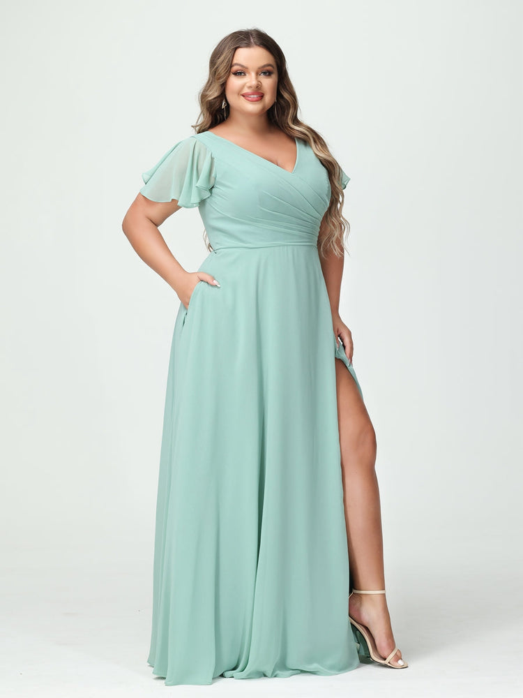 A-Line/Princess/Princess V-Neck Short Sleeves Chiffon Plus Size Bridesmaid Dresses with Pockets & Split Side