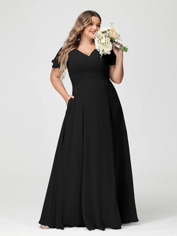 A-Line/Princess/Princess V-Neck Short Sleeves Chiffon Plus Size Bridesmaid Dresses with Pockets & Split Side