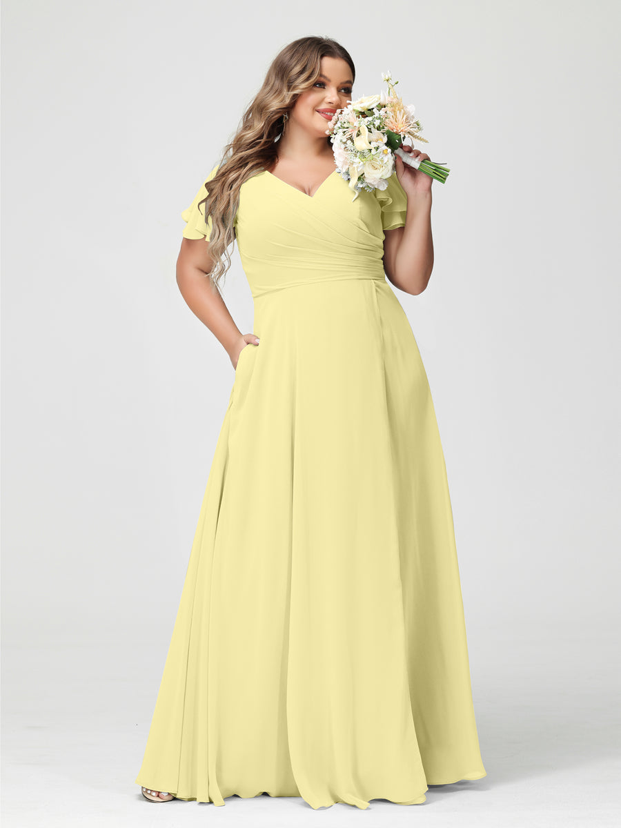 A-Line/Princess/Princess V-Neck Short Sleeves Chiffon Plus Size Bridesmaid Dresses with Pockets & Split Side