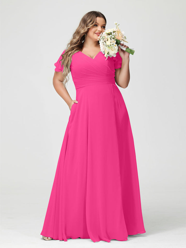 A-Line/Princess/Princess V-Neck Short Sleeves Chiffon Plus Size Bridesmaid Dresses with Pockets & Split Side