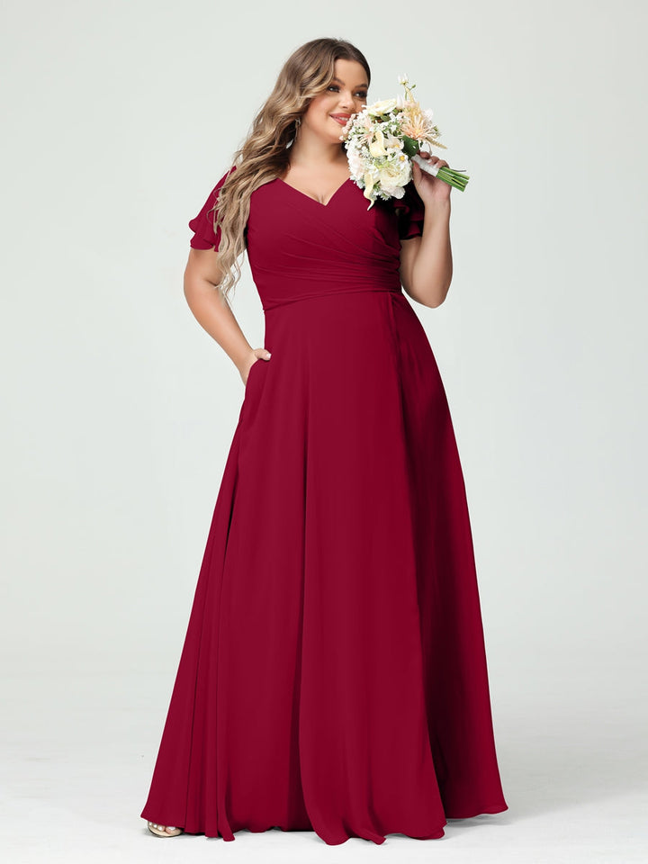 A-Line/Princess/Princess V-Neck Short Sleeves Chiffon Plus Size Bridesmaid Dresses with Pockets & Split Side