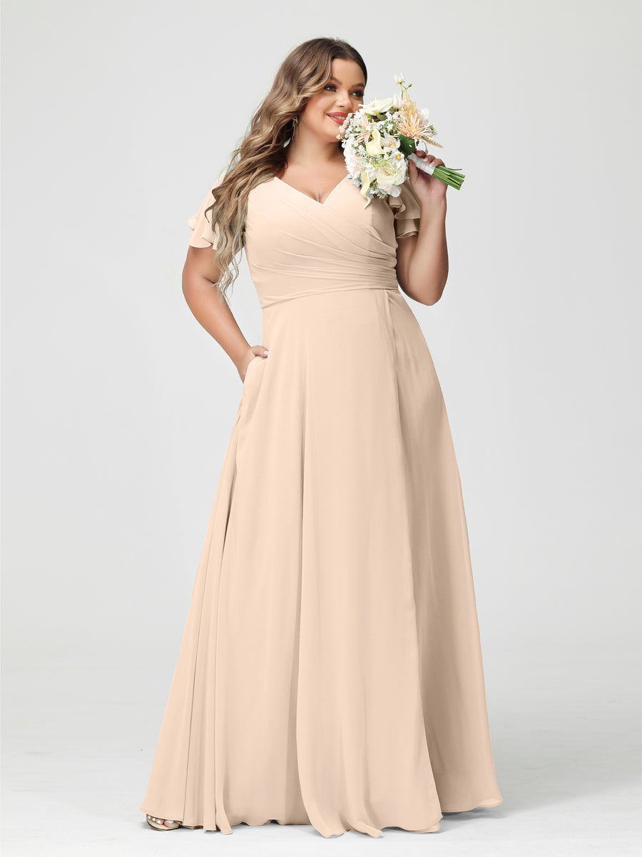 A-Line/Princess/Princess V-Neck Short Sleeves Chiffon Plus Size Bridesmaid Dresses with Pockets & Split Side