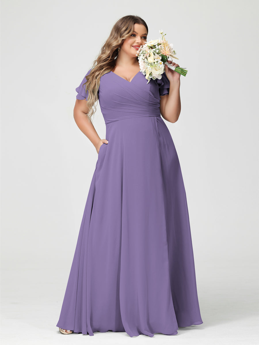 A-Line/Princess/Princess V-Neck Short Sleeves Chiffon Plus Size Bridesmaid Dresses with Pockets & Split Side