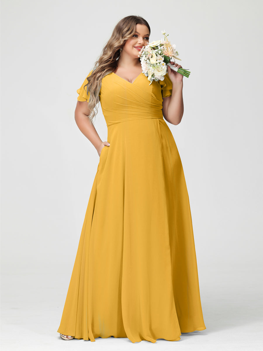 A-Line/Princess/Princess V-Neck Short Sleeves Chiffon Plus Size Bridesmaid Dresses with Pockets & Split Side