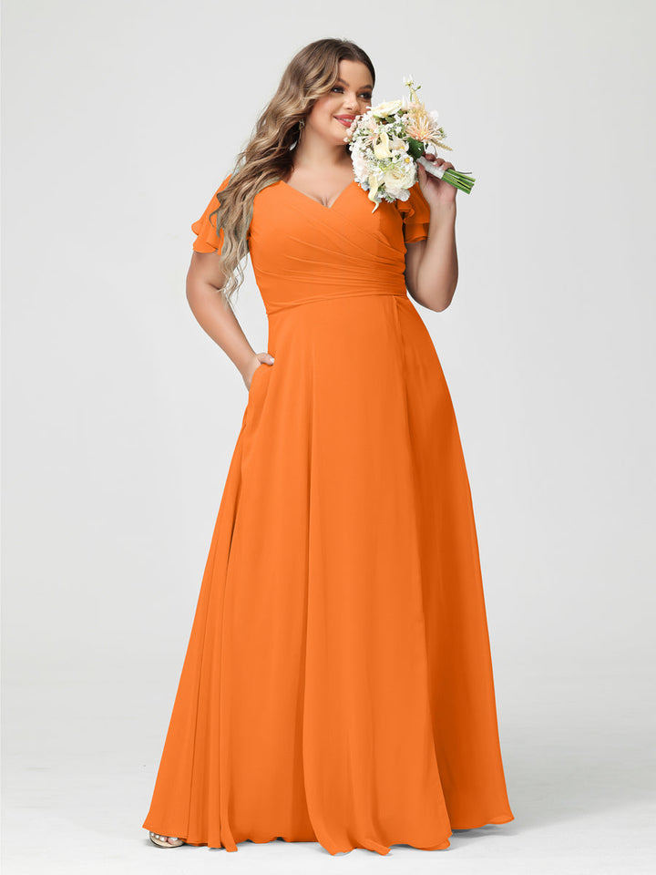 A-Line/Princess/Princess V-Neck Short Sleeves Chiffon Plus Size Bridesmaid Dresses with Pockets & Split Side