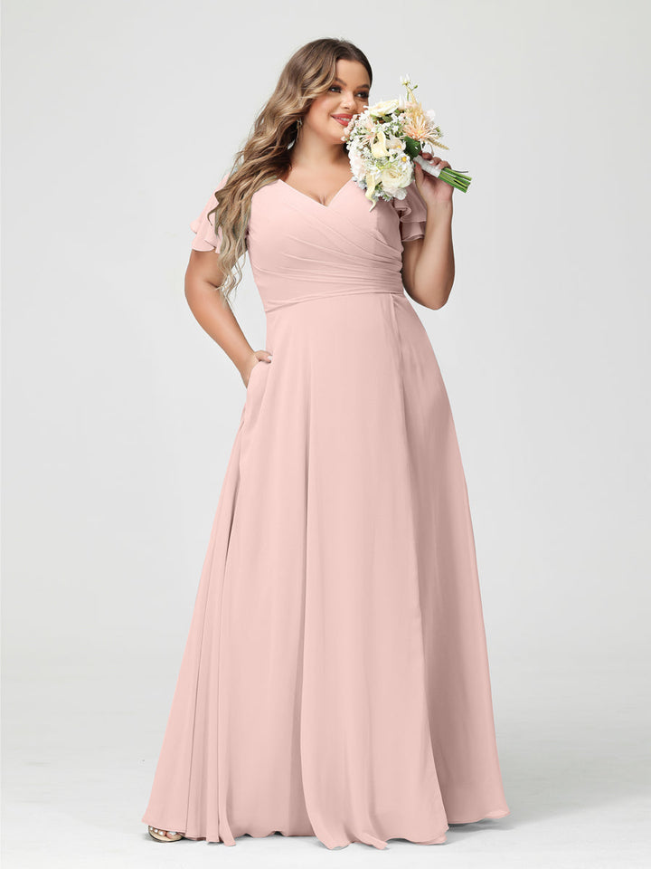 A-Line/Princess/Princess V-Neck Short Sleeves Chiffon Plus Size Bridesmaid Dresses with Pockets & Split Side