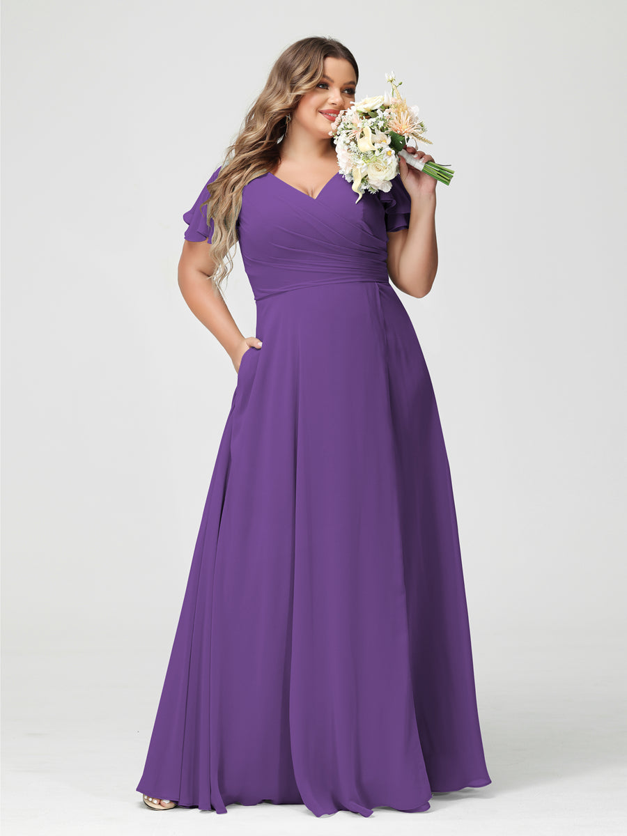 A-Line/Princess/Princess V-Neck Short Sleeves Chiffon Plus Size Bridesmaid Dresses with Pockets & Split Side