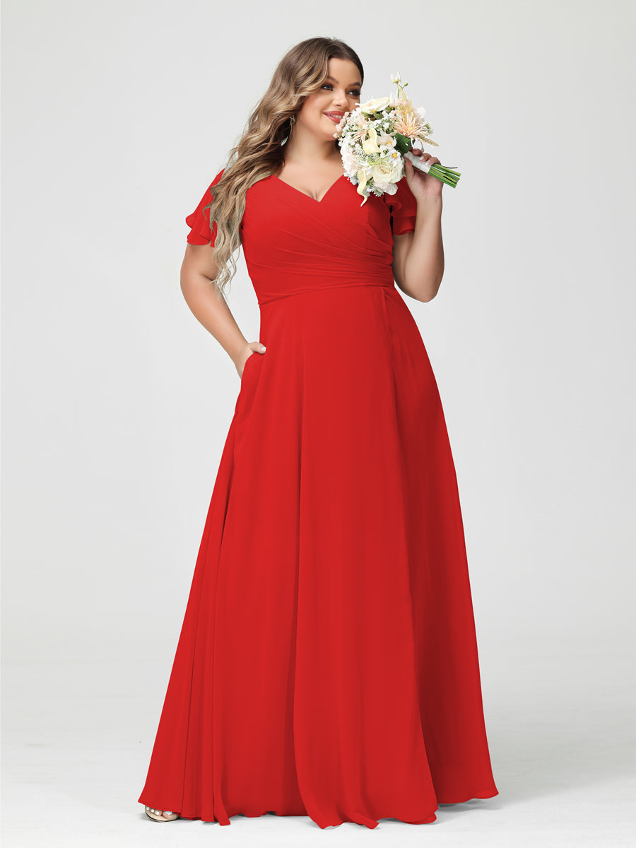 A-Line/Princess/Princess V-Neck Short Sleeves Chiffon Plus Size Bridesmaid Dresses with Pockets & Split Side