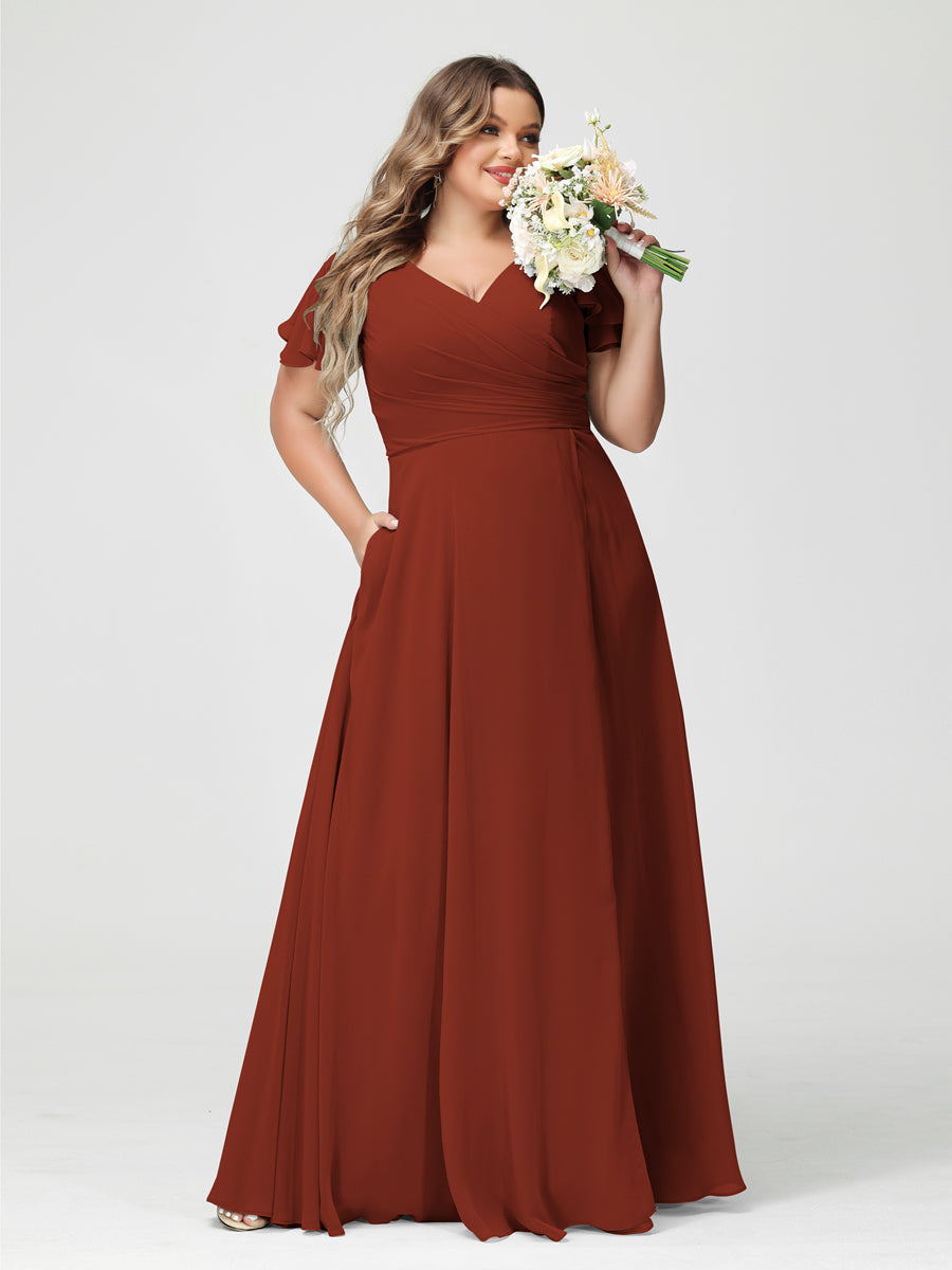 A-Line/Princess/Princess V-Neck Short Sleeves Chiffon Plus Size Bridesmaid Dresses with Pockets & Split Side