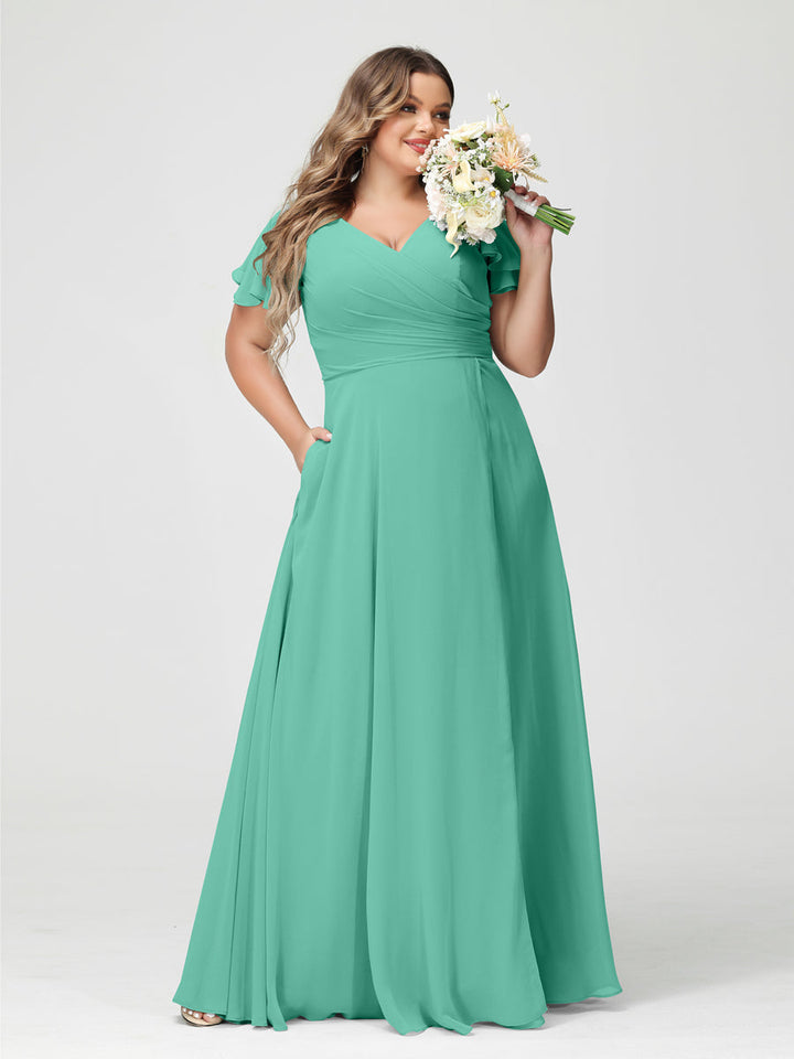 A-Line/Princess/Princess V-Neck Short Sleeves Chiffon Plus Size Bridesmaid Dresses with Pockets & Split Side