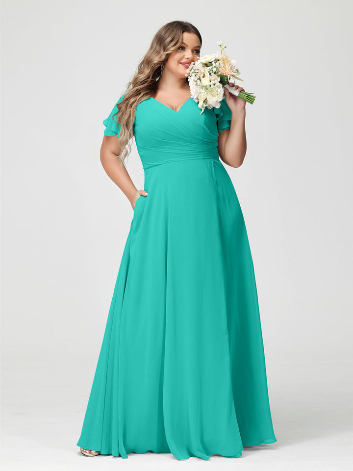 A-Line/Princess/Princess V-Neck Short Sleeves Chiffon Plus Size Bridesmaid Dresses with Pockets & Split Side