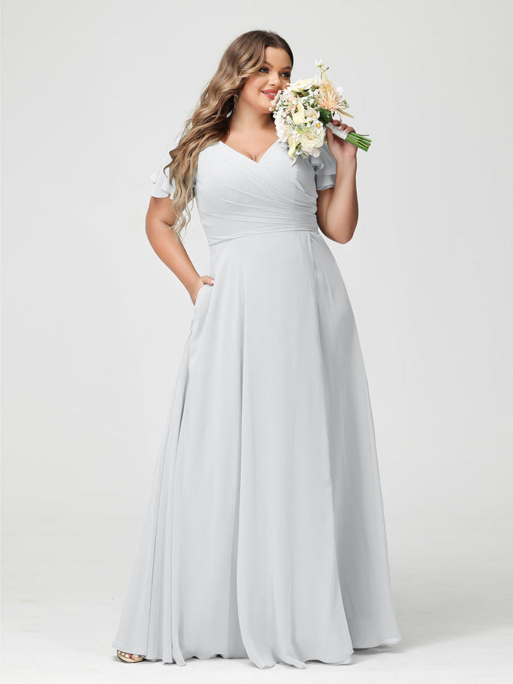 A-Line/Princess/Princess V-Neck Short Sleeves Chiffon Plus Size Bridesmaid Dresses with Pockets & Split Side