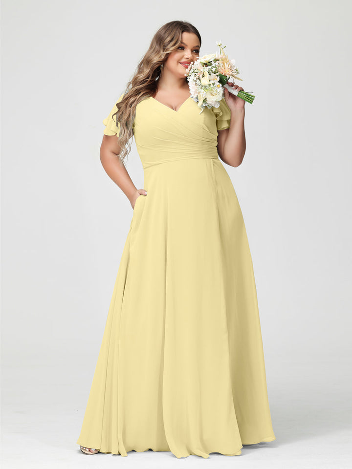 A-Line/Princess/Princess V-Neck Short Sleeves Chiffon Plus Size Bridesmaid Dresses with Pockets & Split Side