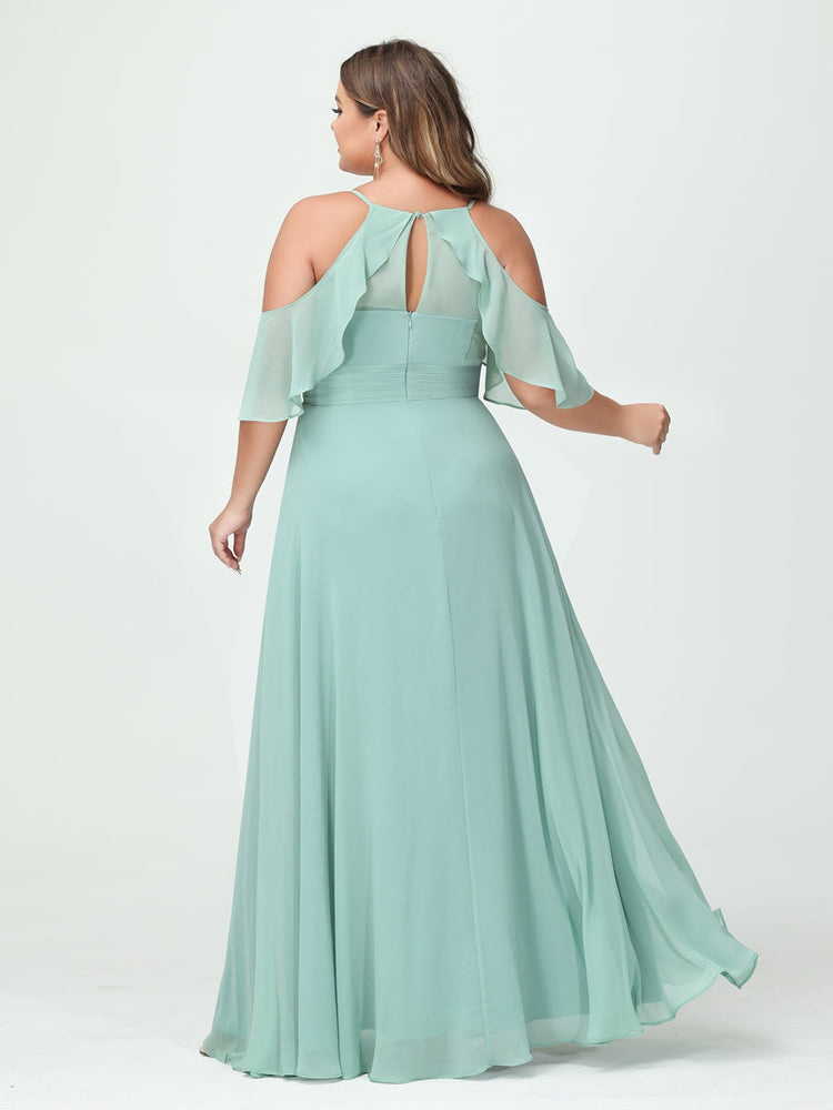 A-Line/Princess/Princess Spaghetti Straps Short Sleeves Chiffon Plus Size Bridesmaid Dresses with Pockets,Ruched Split Side