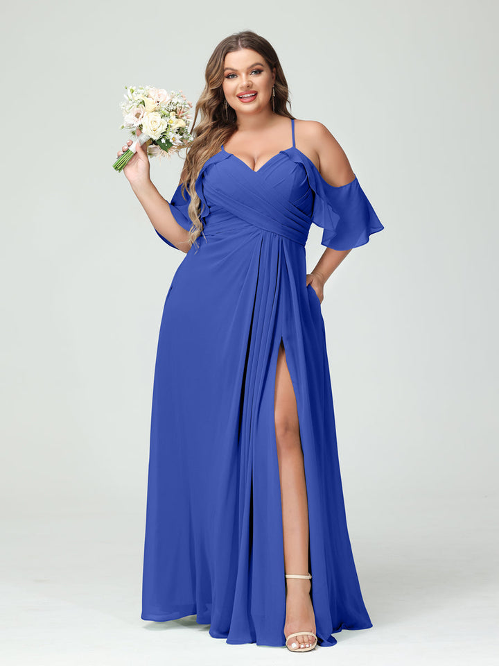 A-Line/Princess/Princess Spaghetti Straps Short Sleeves Chiffon Plus Size Bridesmaid Dresses with Pockets,Ruched Split Side