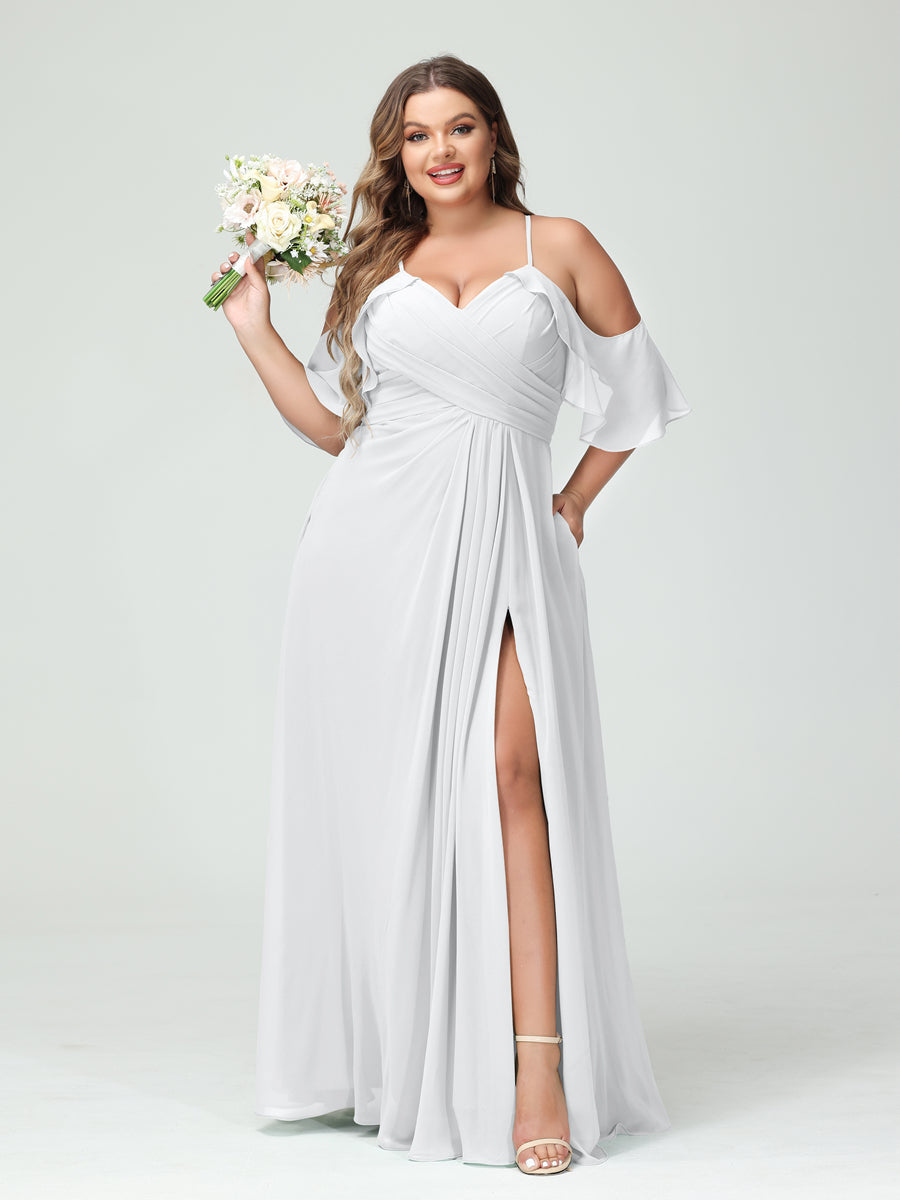 A-Line/Princess/Princess Spaghetti Straps Short Sleeves Chiffon Plus Size Bridesmaid Dresses with Pockets,Ruched Split Side