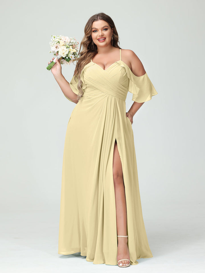 A-Line/Princess/Princess Spaghetti Straps Short Sleeves Chiffon Plus Size Bridesmaid Dresses with Pockets,Ruched Split Side