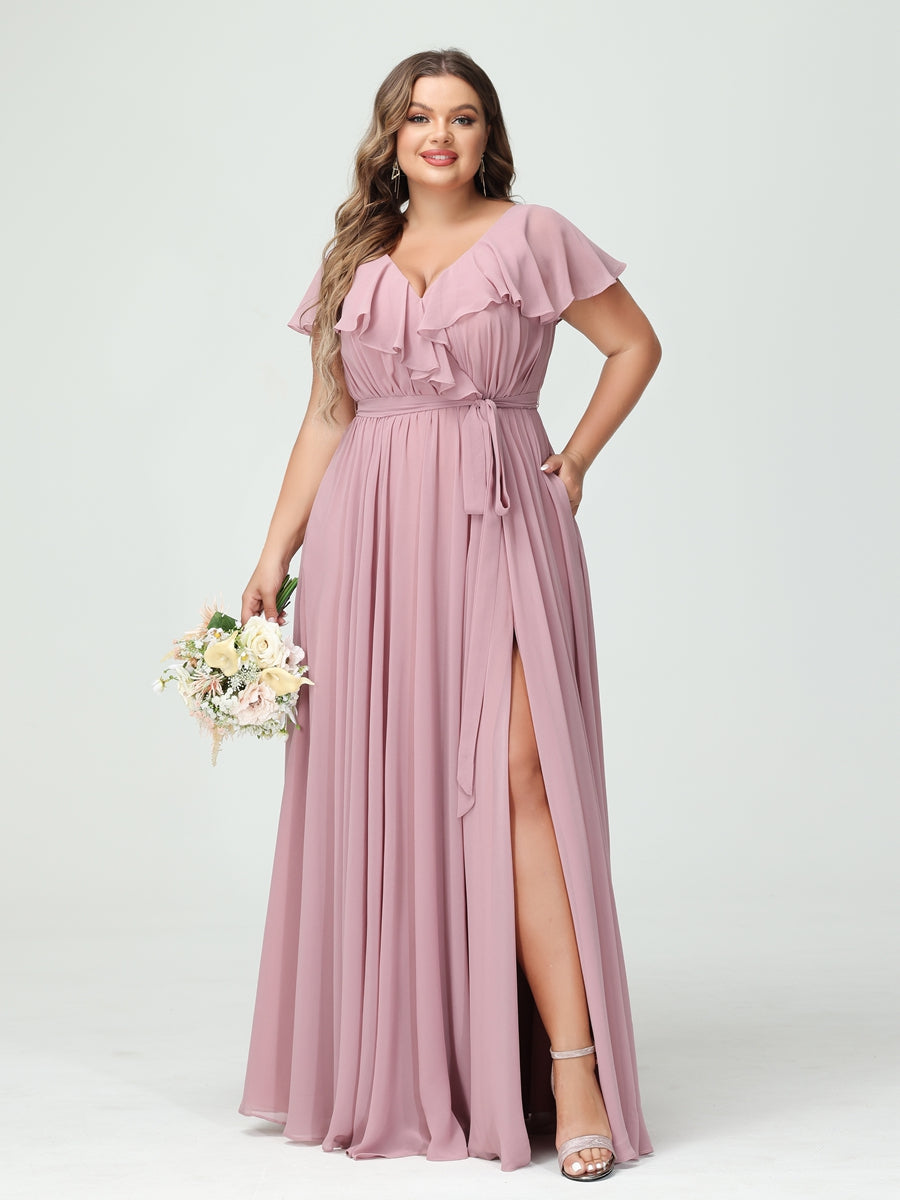 A-Line/Princess V-Neck Short Sleeves Chiffon Plus Size Bridesmaid Dresses With Pockets,Ruffles  ,Ruched & Split Side