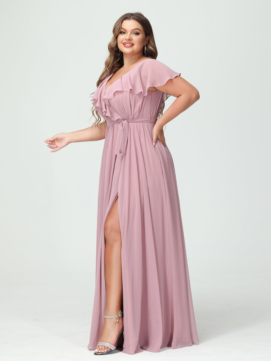 A-Line/Princess/Princess V-Neck Short Sleeves Chiffon Plus Size Bridesmaid Dresses With Pockets,Ruffles  ,Ruched & Split Side