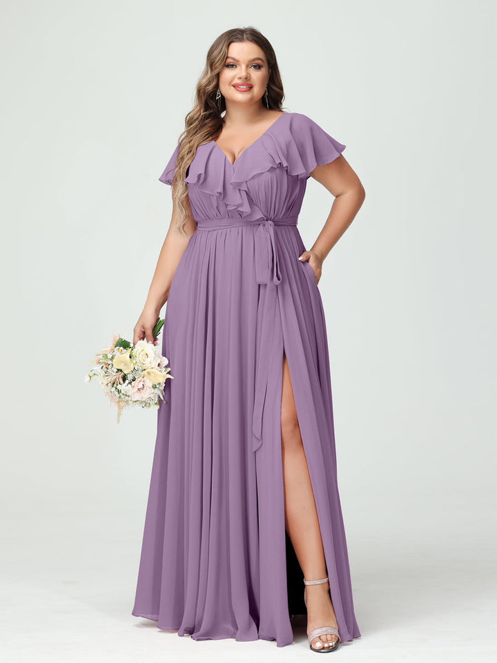 A-Line/Princess/Princess V-Neck Short Sleeves Chiffon Plus Size Bridesmaid Dresses With Pockets,Ruffles  ,Ruched & Split Side