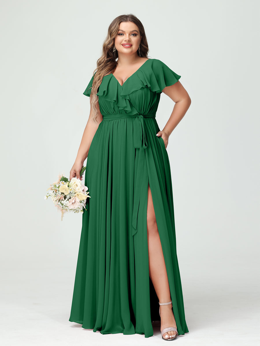 A-Line/Princess/Princess V-Neck Short Sleeves Chiffon Plus Size Bridesmaid Dresses With Pockets,Ruffles  ,Ruched & Split Side