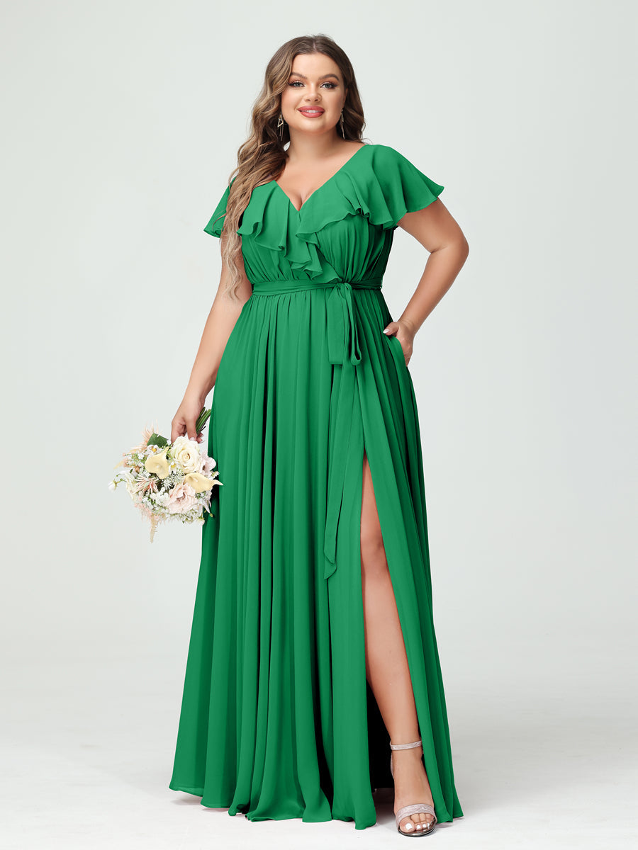 A-Line/Princess/Princess V-Neck Short Sleeves Chiffon Plus Size Bridesmaid Dresses With Pockets,Ruffles  ,Ruched & Split Side