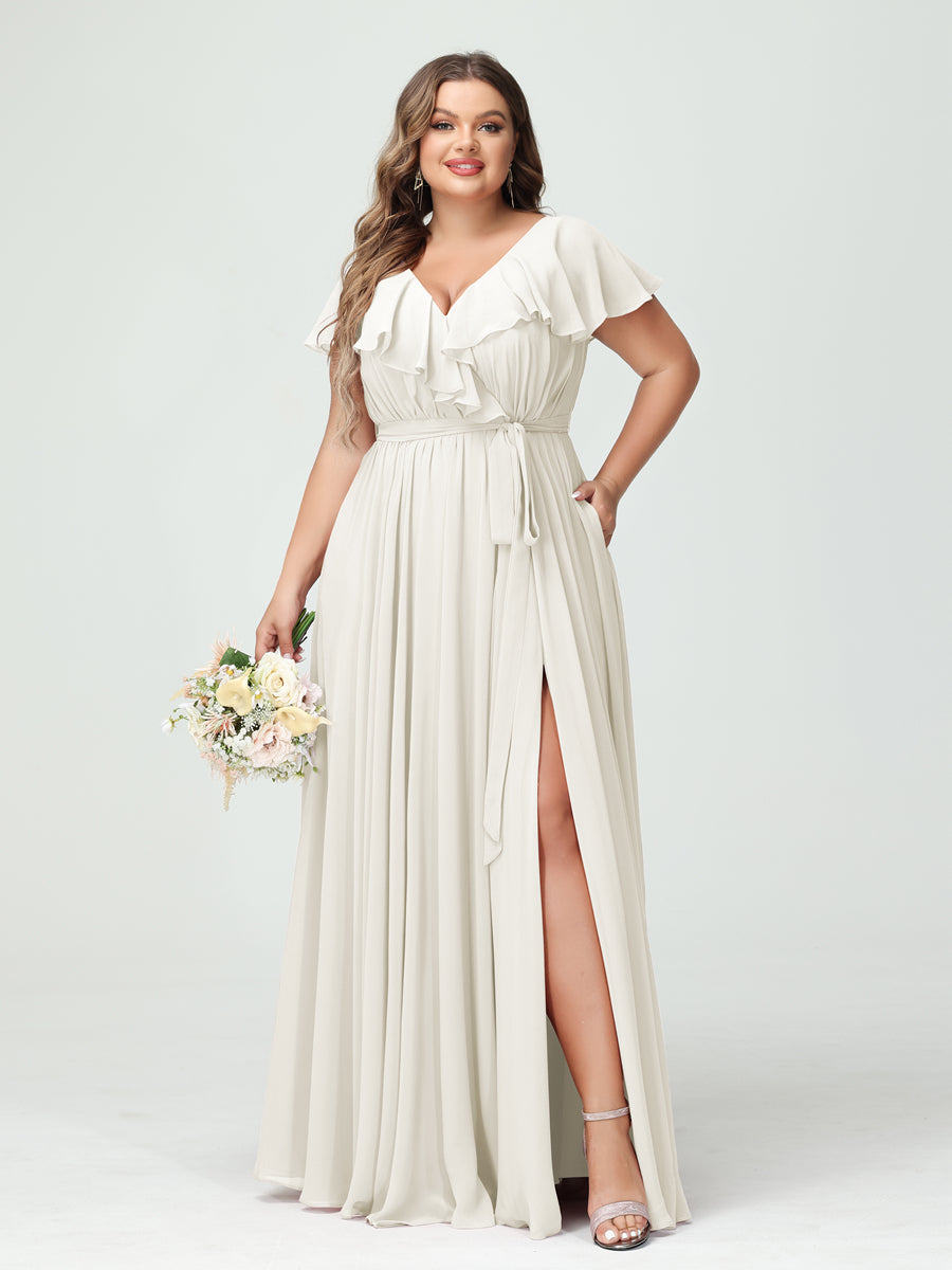 A-Line/Princess/Princess V-Neck Short Sleeves Chiffon Plus Size Bridesmaid Dresses With Pockets,Ruffles  ,Ruched & Split Side