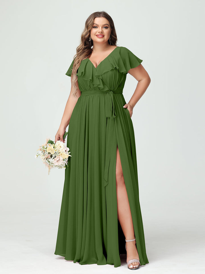 A-Line/Princess/Princess V-Neck Short Sleeves Chiffon Plus Size Bridesmaid Dresses With Pockets,Ruffles  ,Ruched & Split Side