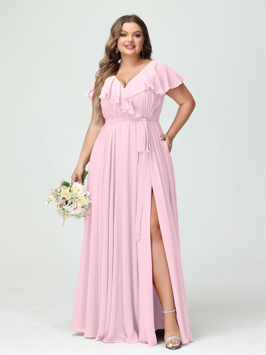 A-Line/Princess/Princess V-Neck Short Sleeves Chiffon Plus Size Bridesmaid Dresses With Pockets,Ruffles  ,Ruched & Split Side