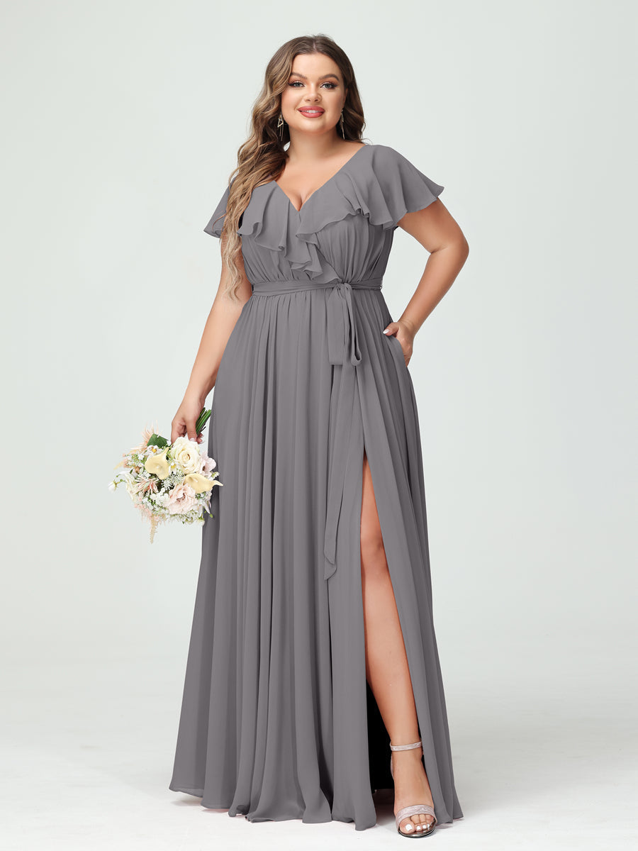 A-Line/Princess/Princess V-Neck Short Sleeves Chiffon Plus Size Bridesmaid Dresses With Pockets,Ruffles  ,Ruched & Split Side